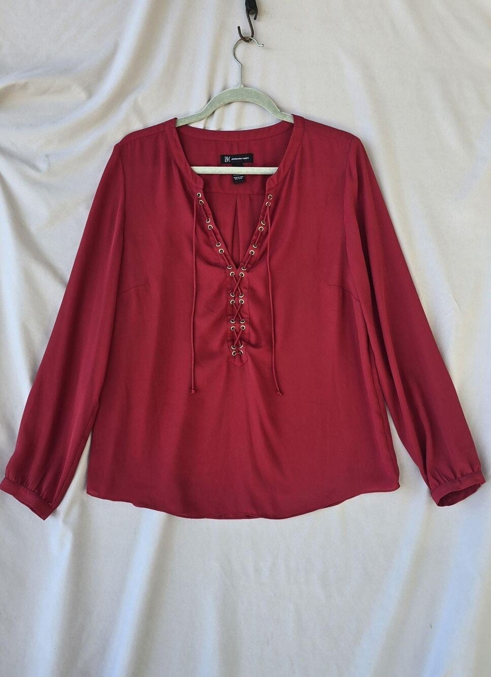 INC International Concepts Blouse Womens 12 Red Lace Up V Neck Long Sleeve Top